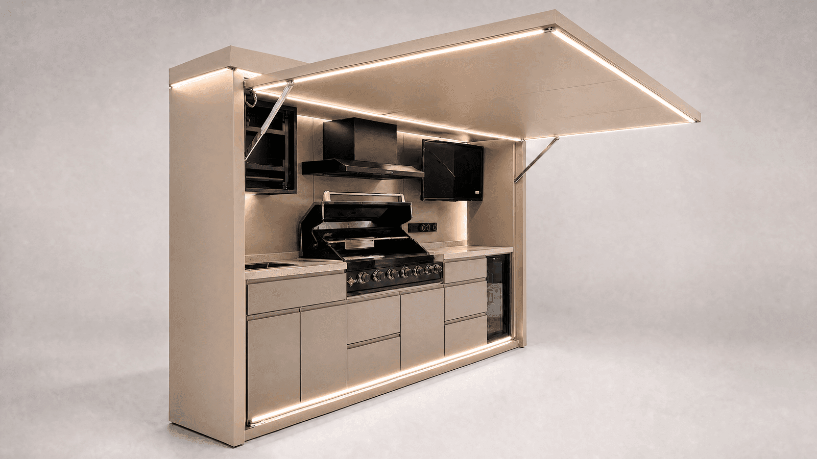 Ultra Pod with XL barbecue setup in champagne finish